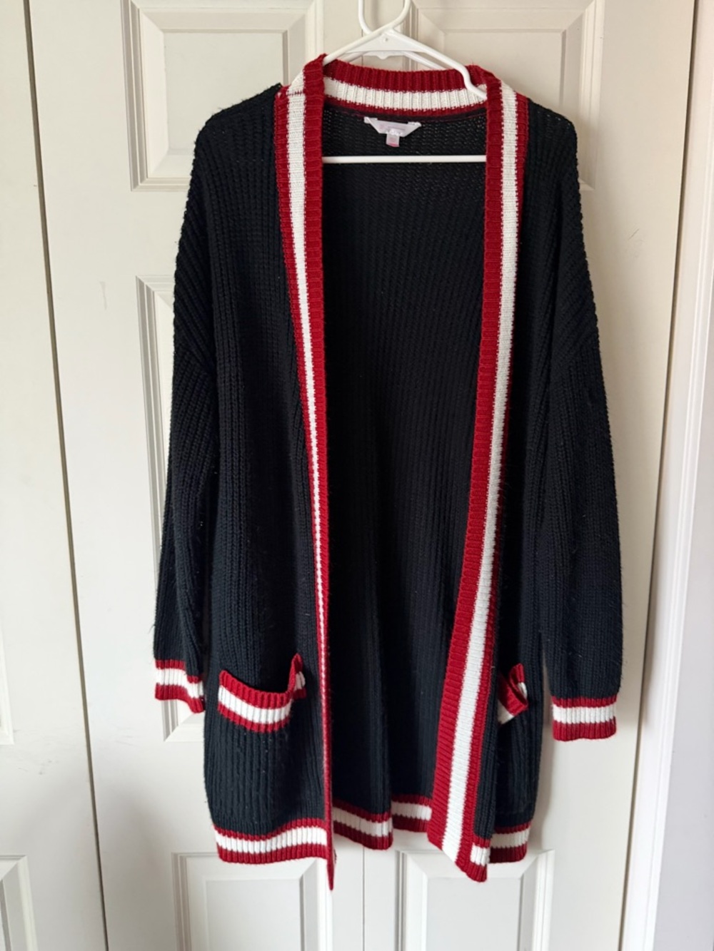 No Boundaries Black Cardigan with Red & White Trim